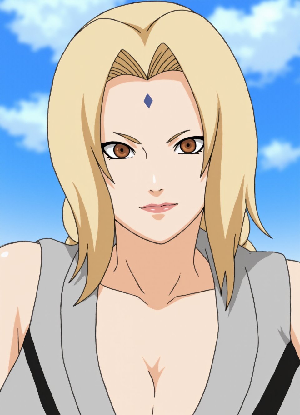 This image is a digital frontview drawing in the anime style, depicting a female character's nude nude top with a serious and determined expression. The character has light blonde hair, cut in a straight,The wind is blowing her hair,shoulder-length style with bangs that cover her forehead. Her eyes are large and almond-shaped, with a piercing gaze, and her skin is fair blushing, She is showing big breast, which is green with a black sash and a grey inner layer visible at the neck.Her face is adorned with a small, triangular blue mark on her forehead, typical of certain Japanese characters in anime.The background is Blue sky and white clouds making the character the focal point of the image. The drawing style is clean and crisp, with smooth lines and a minimalistic shading technique that highlights the contours and textures of the character's hair. The overall tone of the image is somber and intense, reflecting the character's demeanor and the dramatic nature of the scene.,smiling,tsunade, <lora:Tsunade_Flux_V1_r1:0.95>