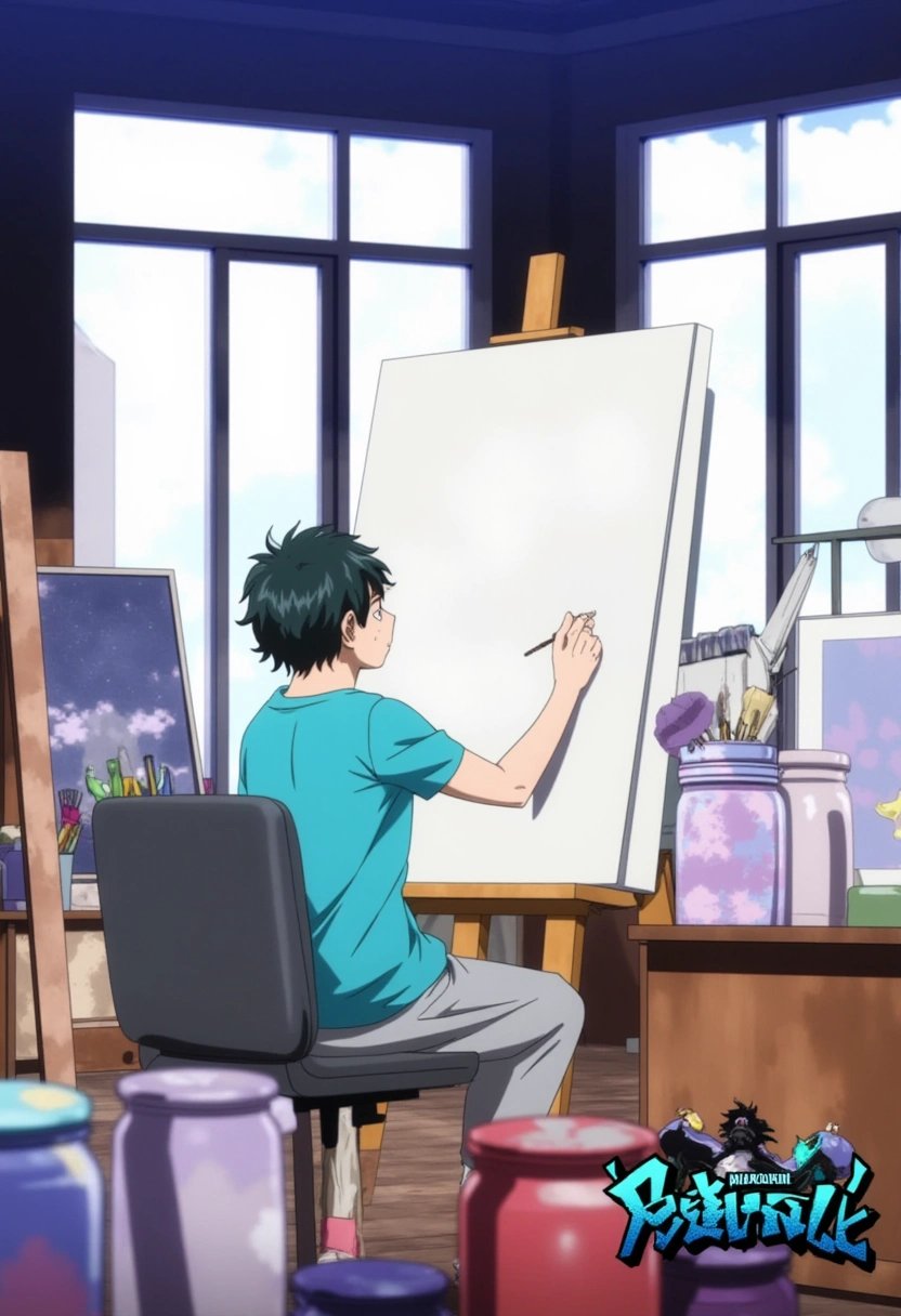 A young artist painting on a large canvas in an open studio, surrounded by brushes, paints, and unfinished artworks. The sunlight streams in through the large windows, and the artist is completely focused on their work. boku_no_hero_academia_style