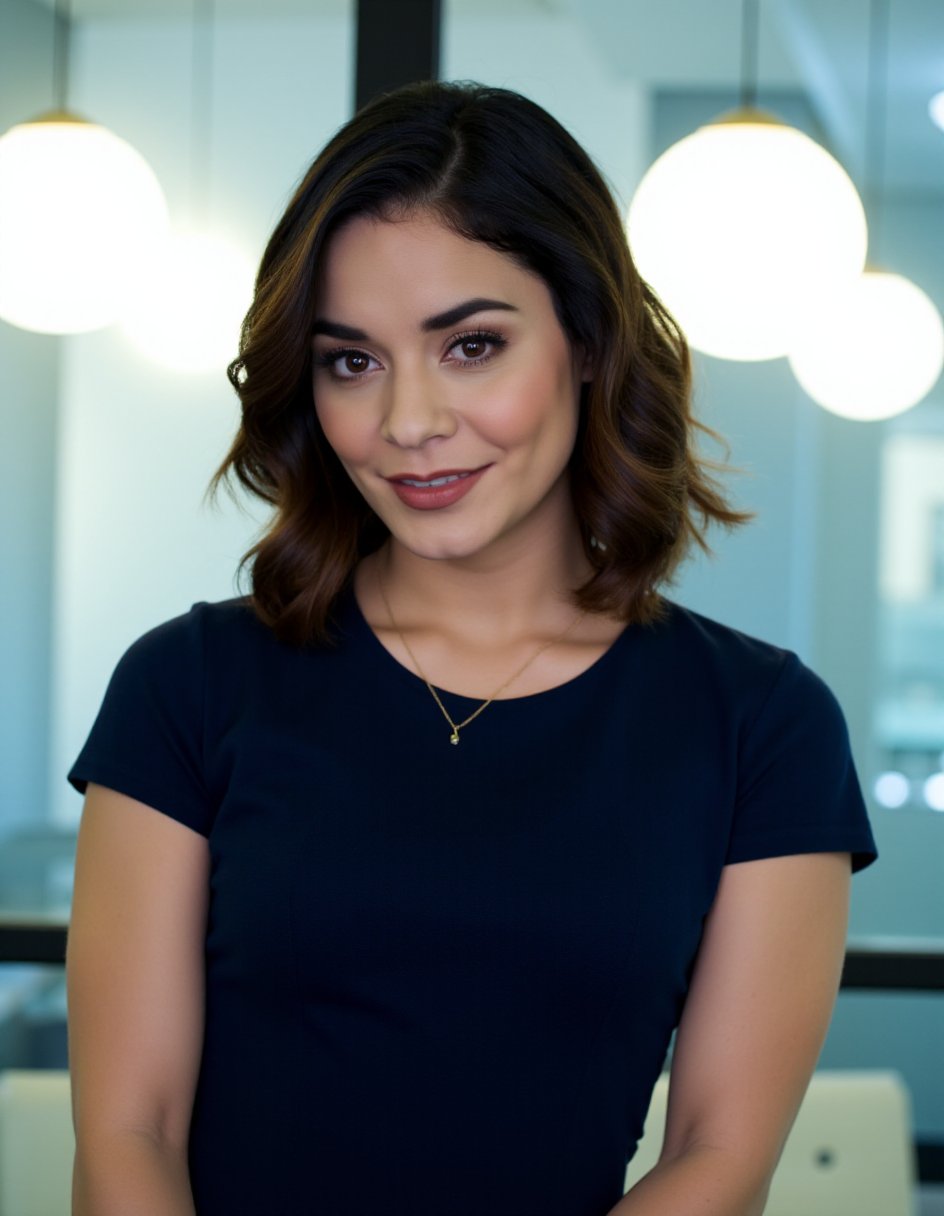 This is a high-resolution photograph featuring a young woman with medium-length, wavy dark brown hair styled in loose curls that frame her face. She has light brown skin and is wearing a simple, short-sleeved, navy blue dress that fits snugly, accentuating her slender physique. Around her neck, she wears a delicate, gold necklace with a small pendant. Her expression is neutral, with a slight hint of a smile on her lips, and her dark brown eyes are focused directly at the camera, giving a sense of engagement.The background is slightly blurred but clearly shows an indoor setting with a modern, minimalist design. Large, round white pendant lights hang from the ceiling, emitting a soft glow that creates a warm ambiance. The walls are made of glass, allowing the lights to reflect, adding a subtle, ethereal effect. The overall color scheme is cool, with the dominant colors being shades of blue and white. The setting suggests an office or a professional space, possibly a conference room or a corporate office environment. The image captures a moment of calm and professionalism, with the subject's attire and posture reflecting a poised and confident demeanor.,Vanessa_Hudgens, <lora:Vanessa_Hudgens_Flux_V1:1>