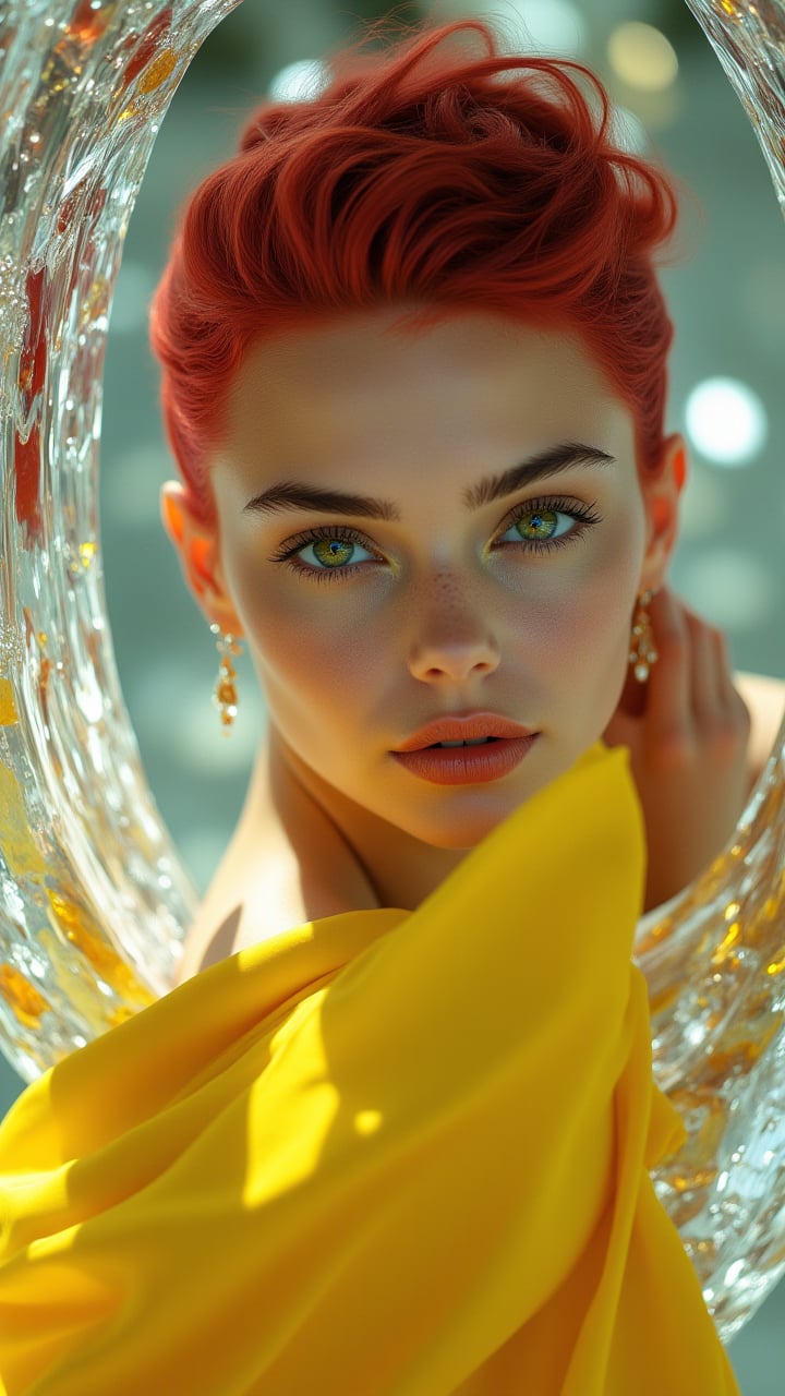 A woman with Undercut, handsome Ruby hair and piercing green eyes gazes out from behind a Torus of crystal. She wears a Meek DayGlo yellow Formal gown that billows in the Unattractive breeze, aidmaMJ6.1