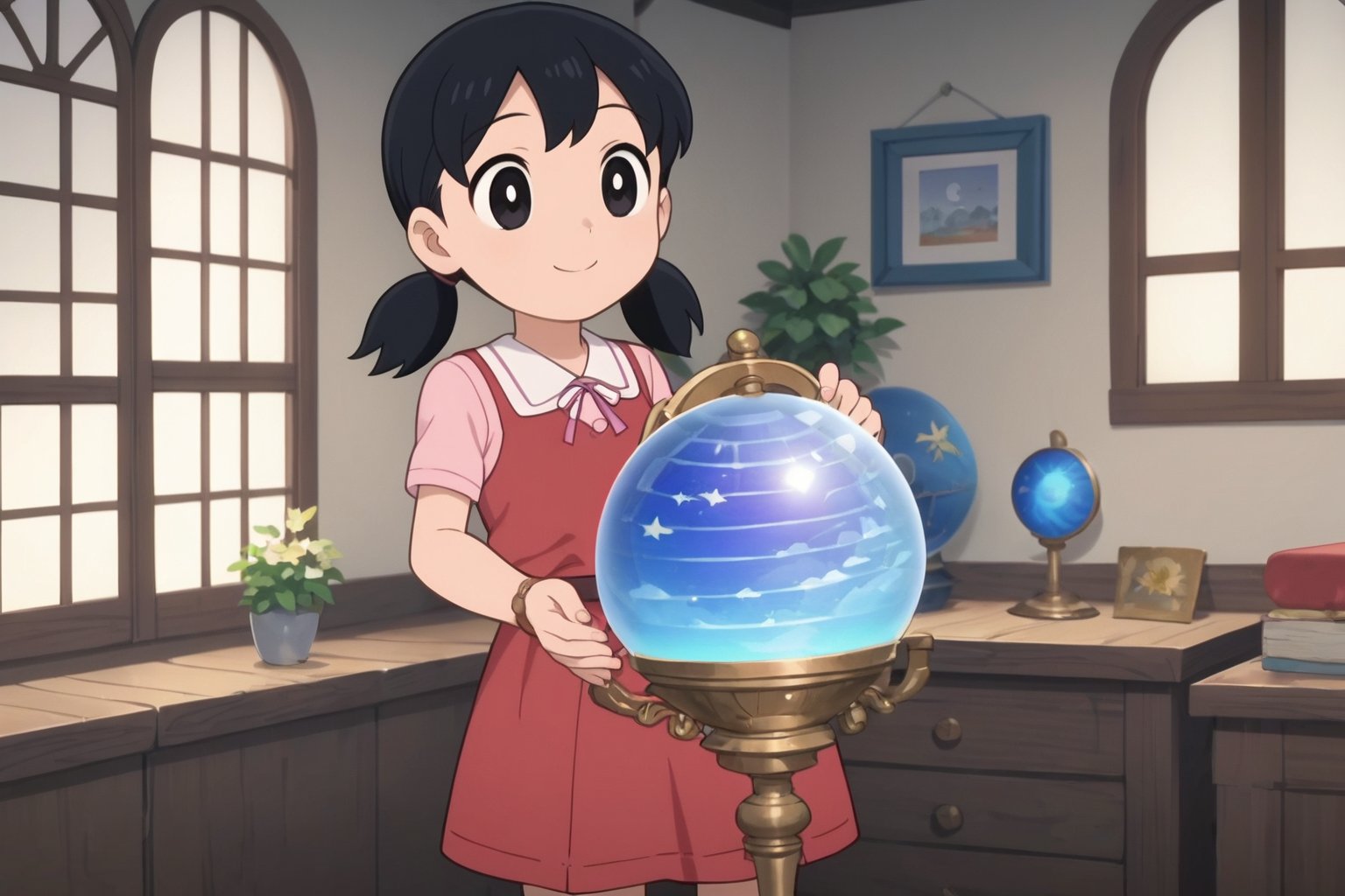 score_9, score_8_up, score_7_up, score_6_up, score_5_up, score_4_up, source_anime,minamoto shizuka, smile, 1girl, solo, low twintails, Teenage girl navigator studying ancient maps in a grand ship's cabin, surrounded by nautical instruments, glowing globe, and exotic artifacts, warm candlelight, tall windows showing a starry night sky and phosphorescent sea, sense of adventure and discovery, child,masterpiece, perfect face, best quality, beautiful eyes, shiny eyes, anime coloring, anime screencap, absurdres, award winning,masterpiece, perfect face, best quality, beautiful girl, cute girl, anime coloring, anime screencap, absurdres, award winning, <lora:minamoto shizuka auti 930:0.6>