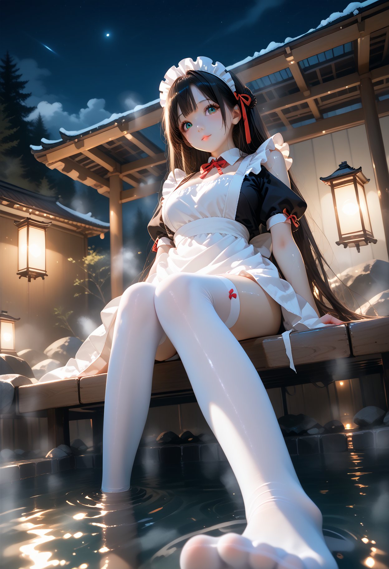 Cute girl wearing maid outfit,white_thighhighs,Low light,night,backlight,moonlight,girl with her back to the audience,very long hair,sitting in a hot spring,hot springs,mist,from_below,