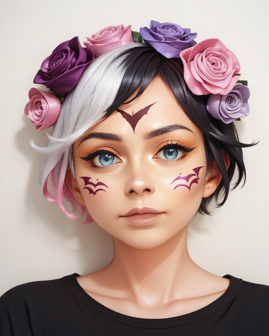 score_9_up, score_8_up, score_7_up, halloween makeup, solo, 1girl, flower, hair flower, looking at viewer, hair ornament, multicolored hair, shirt, black shirt, blue eyes, portrait, makeup, short hair, pink flower, facial mark, purple flower, traditional media, purple rose, black hair, two-tone hair, rose, white hair, pink rose, whisker markings, lips, <lora:NeoNi_HMUP:0.7>