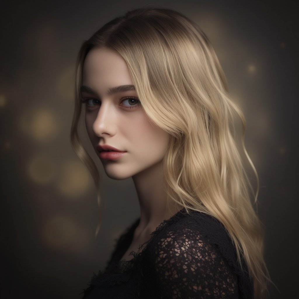 A portrait of dasha_taran, captured in a side profile. She has long, wavy blonde hair and wears a dark, lace-trimmed top. The woman stares directly at the camera with a contemplative expression. The background is dimly lit with a bokeh effect, creating a dreamy atmosphere. The color palette consists primarily of dark tones, with the blonde hair contrasting against the lighter background. The image conveys a serene and introspective mood.