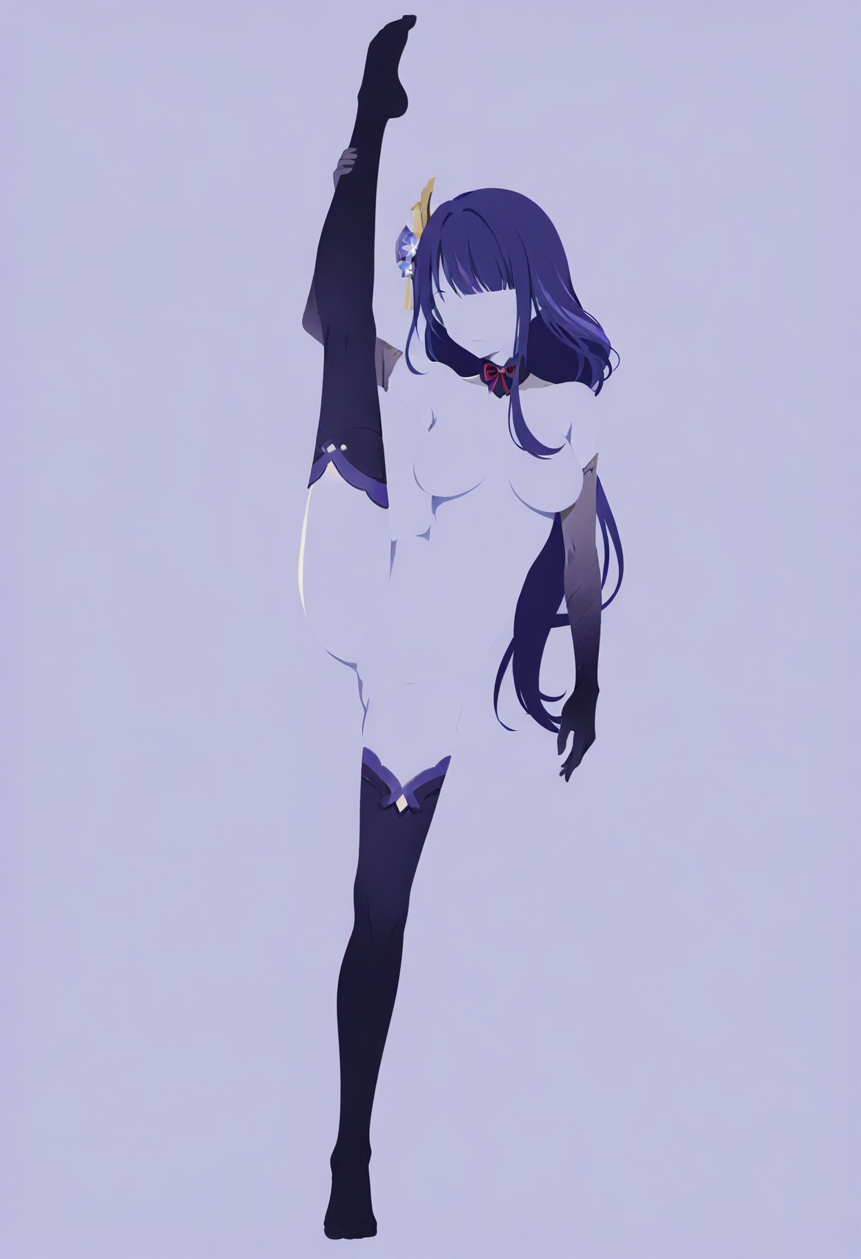 simple background,flat color, minimalism, no eyes, no lineart, silhouette, double exposure,1girl, solo,raiden shogun, genshin impact, naked, elbow gloves, thighhighs, choker,breasts, spread legs, standing splitflat color, minimalism, no eyes, no lineart, silhouette, double exposure,