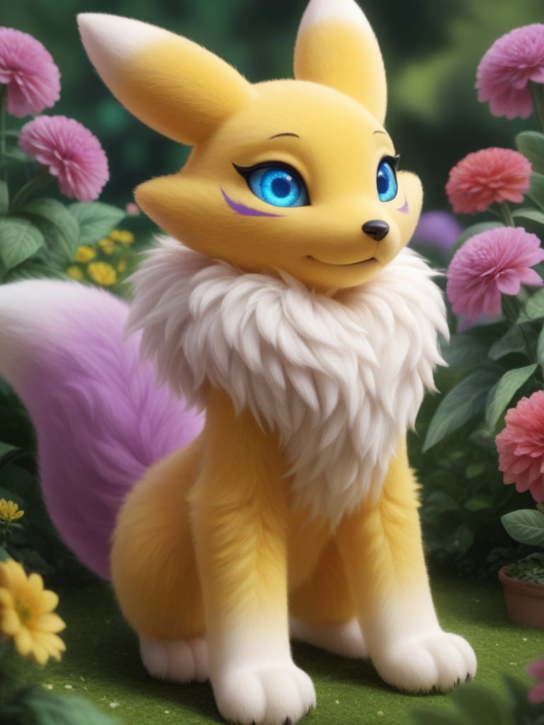 intricate detail, cinematic, render, detailed eyes, large eyes, realistic,3d fluffy, closeup, cute and adorable,(renamon), soft fur, long fuzzy fur, fuzzy tail, yellow fur,flower garden,<lora:Renamon_XL:1>, intricate details, extreme detail, Detailed face, beautiful, Expressive, very aesthetic, colorful, lots of small parts, surreal, abstract,