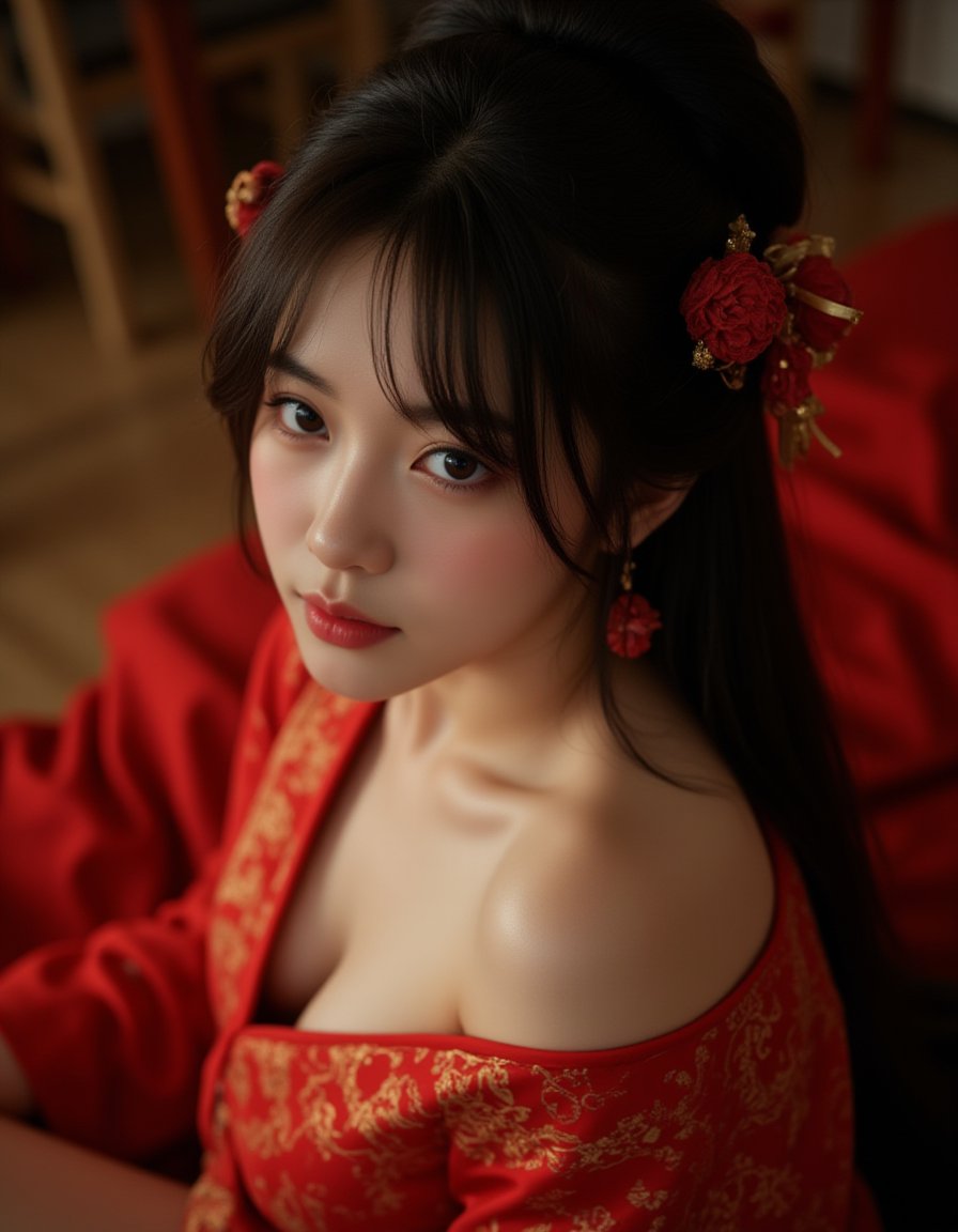 18 year old cute chinese young girl,(chinese hanfu:1.6),Cinematic Lighting,(from_above:1.1),backlight,low light,late night,real human skin,colorful,very detailed,stunning details,classy,top-down_bottom-up,(grab the ass:1.2),(look at the front:1.3),grab the sheets,from_back,