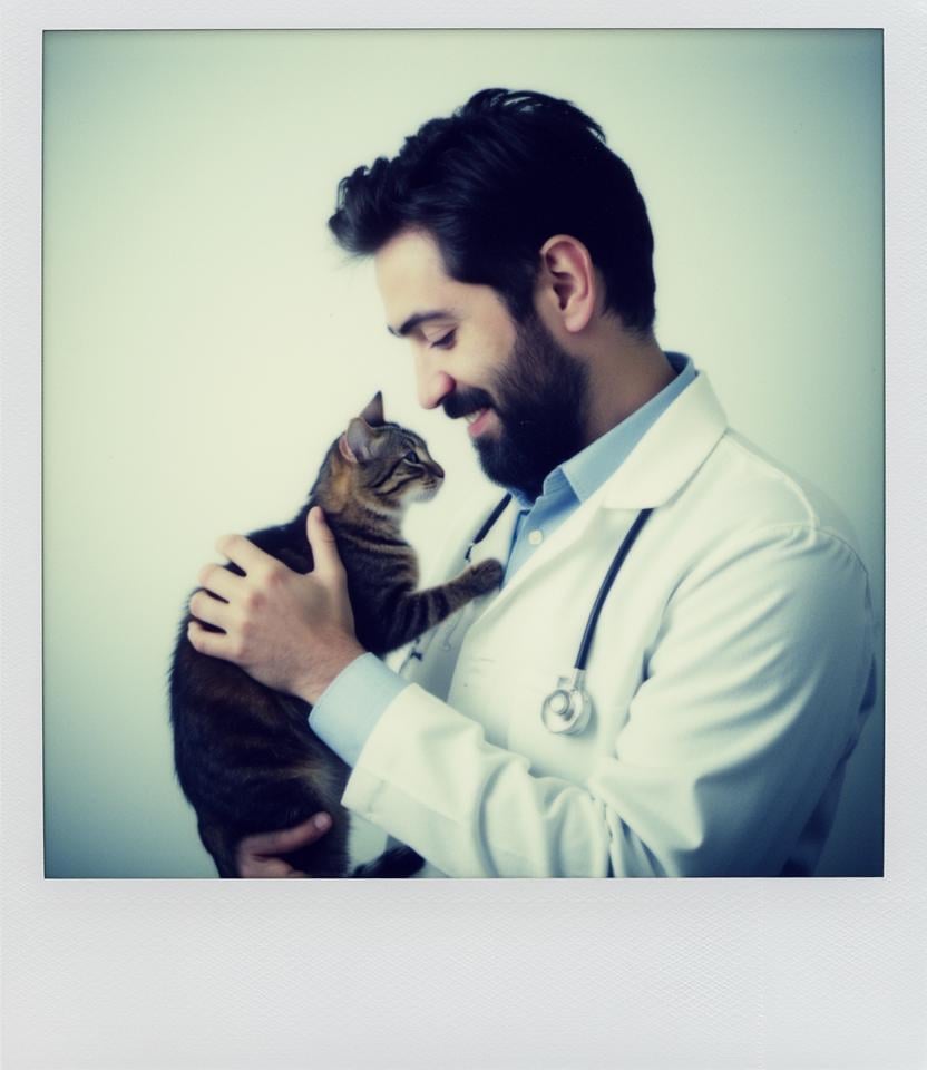 Polaroid of Photography, a male American doctor holding a cat, profile, smile, realistic photo, profile <lora:Polaroid_Flux:1.0><lora:ComfyUI_30391_:0>