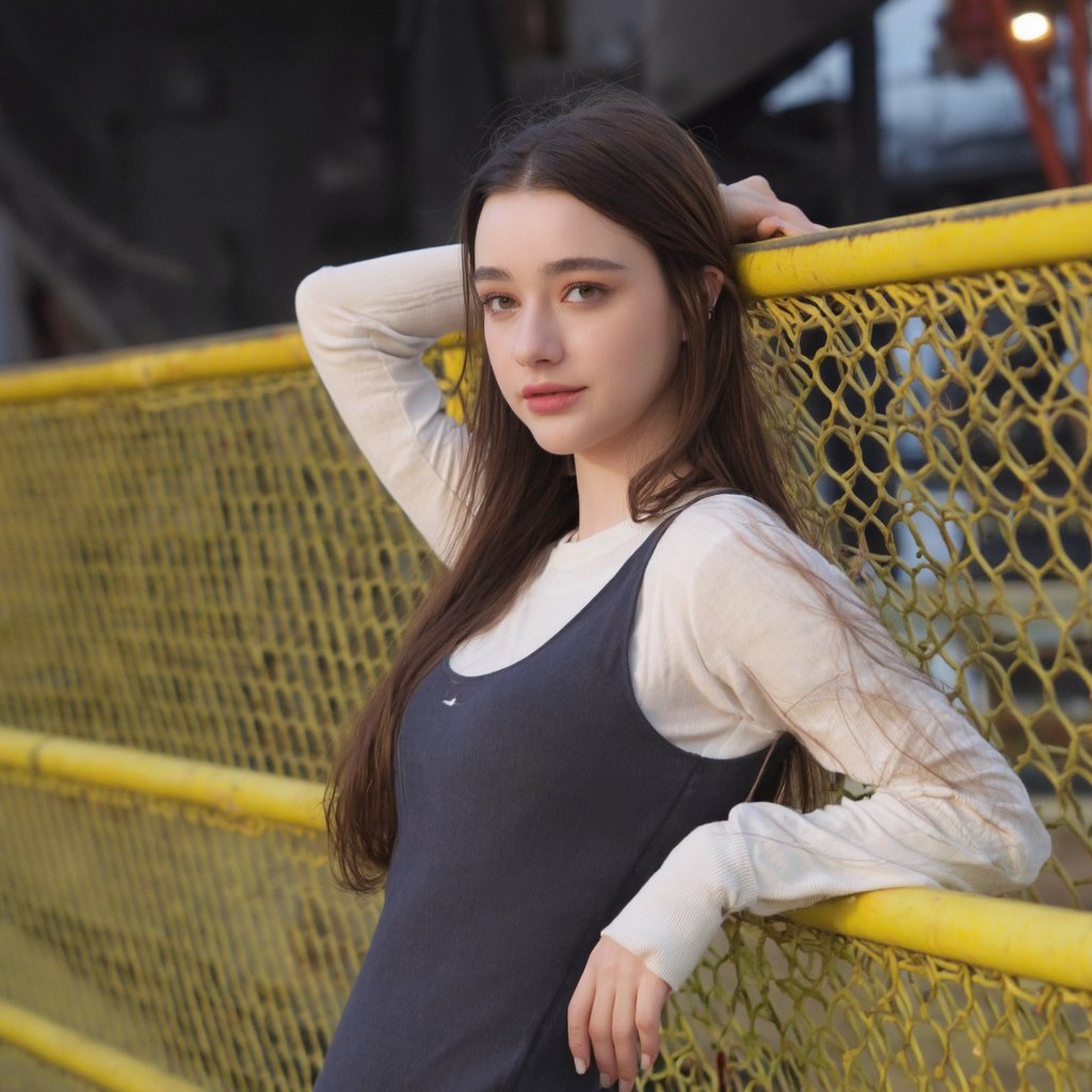 A portrait of dasha_taran captured in a candid moment. She leans against a yellow metal fence, her long brown hair flowing down her back. She wears a sleeveless, dark blue dress with a white undershirt. The woman's pose is relaxed, with one hand resting on the fence and the other on her hip. The background is an industrial setting with a large, dark structure, possibly a bridge or overpass, visible. The color palette consists primarily of cool tones, with the woman's dress providing a muted contrast.