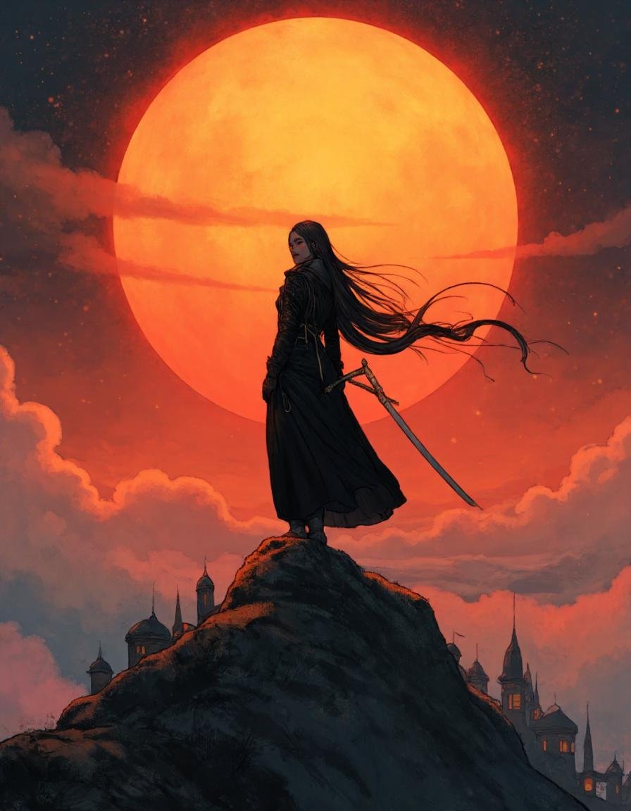 The image is a digital illustration of a woman standing on top of a mountain with a large orange sun in the background. Th...