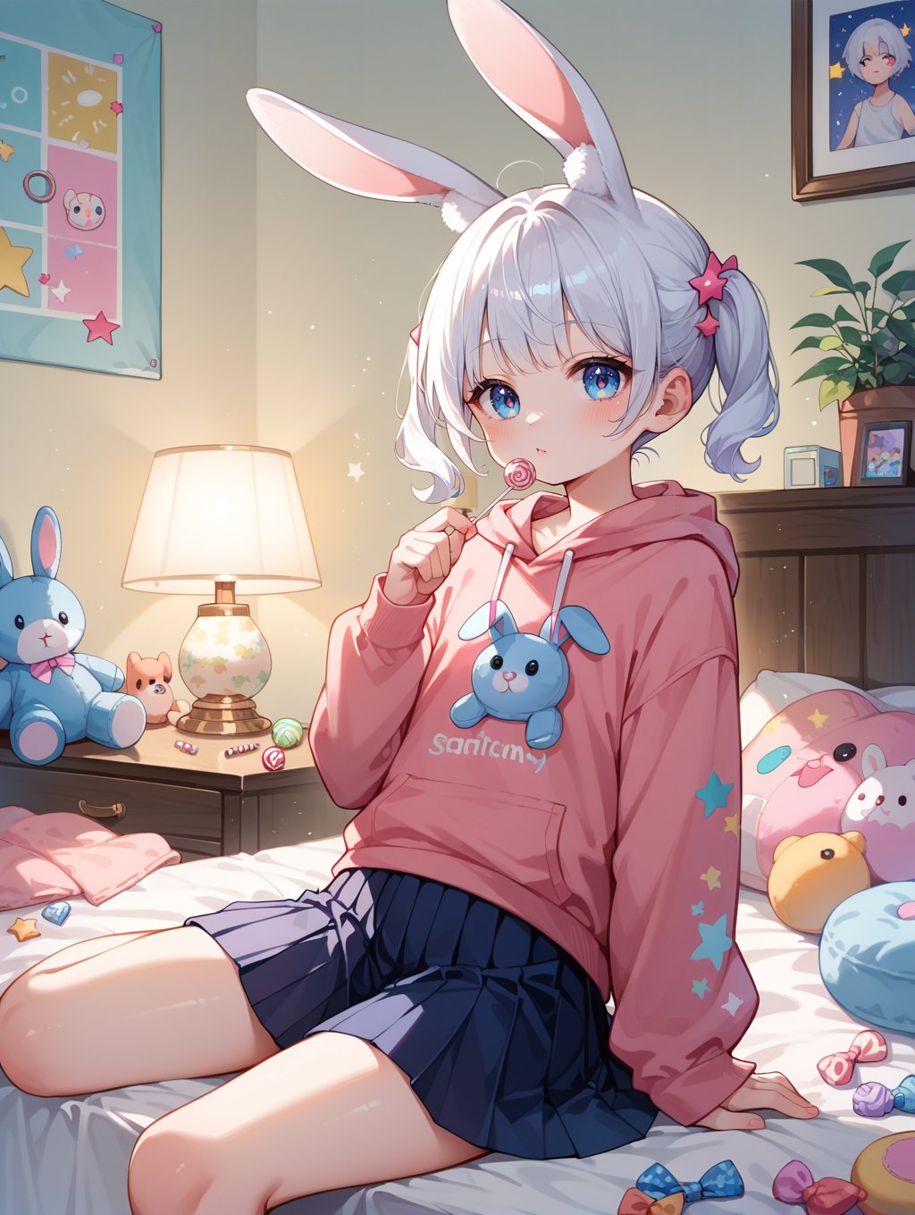 score_9, score_8_up, score_7_up, source_anime,1girl, rabbit ears, white hair, sweatshirt, pleated skirt, candy, rabbit plush, on bed, messy room, cute & girly,stars decorated lamp, twin tails short hair