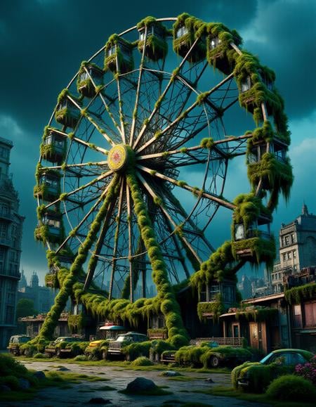 A decaying amusement park, the Ferris wheel frozen mid-spin, its metal frame overtaken by glowing, bioluminescent vines. The once-colorful rides are cracked and rusted, now buried under layers of bright, radiant moss and neon flowers. Ral-ovrgrwth, a massive, glowing vine, wraps around the roller coaster, twisting through the tracks and lifting them into the air like a living serpent as it reclaims the park in vibrant light.<lora:ral-ovrgrwth-flux:1>