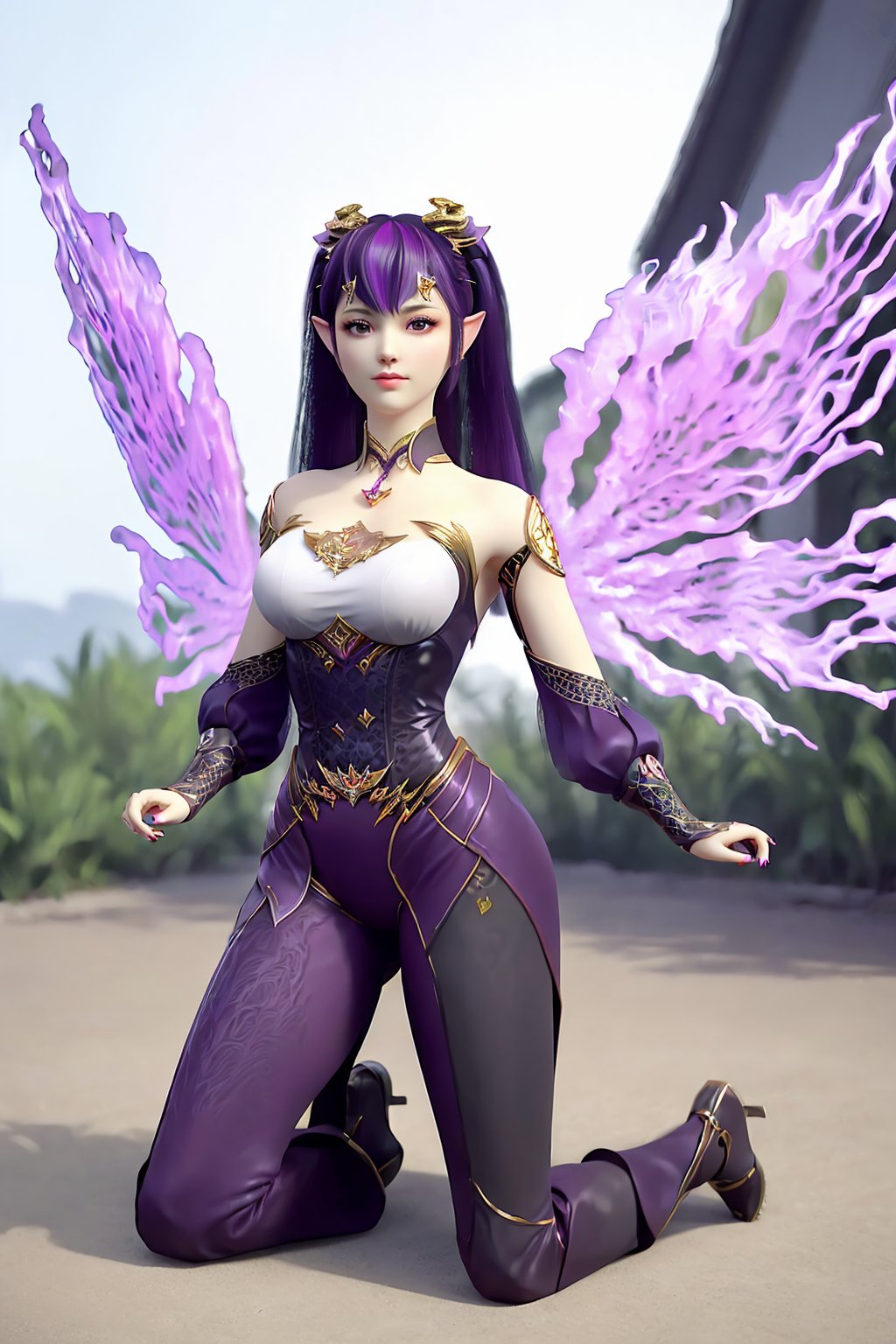 kneeling, nude, nsfw, looking_at_viewer, (scenery, east_asian_architecture,  flower_pot,  plant), 1girl, solo, virtual_youtuber, pointy_ears, purple_hair, bangs, purple_eyes, twintails, long_hair, hair_ornament, jewelry ,(wings:1.3),  bare_shoulders,  detached_sleeves,black_legwear,fingernails, nail polish,photo_\(medium\), makeup,(8k, RAW photo, best_quality, masterpiece:1.2),(realistic, photorealistic:1.3),(ultra-detailed),(extremely_detailed_cg_8k_wallpaper),(crystalstexture_skin:1.2),(shiny_skin:1.3),(extremely_delicate_and_beautiful), <lora:syqiangk_紫妍_斗皇成年版_5.2.3:0.8>,