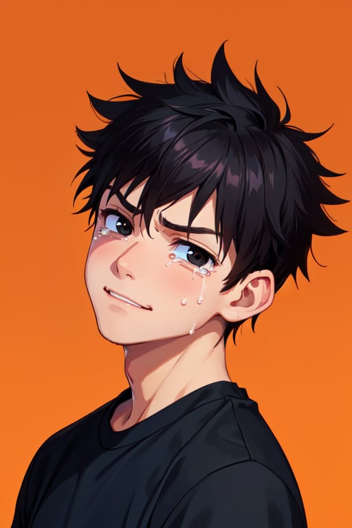 1boy,black eyes,black hair,black shirt,close-up,crying,crying with eyes open,expressionless,face,frown,looking at viewer,male focus,orange background,shirt,smile,solo,spiked hair,tears,upper body,