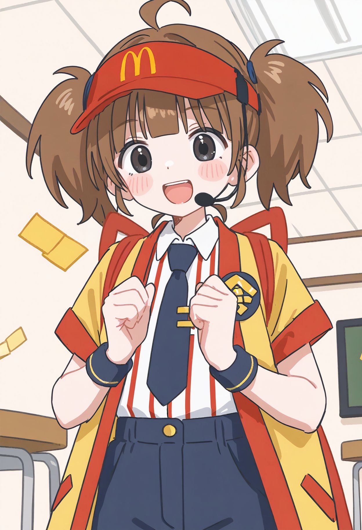 masterpiece,best quality,1girl,wchi, solo, <lora:wchi_Pony_v1:0.8>necktie, twintails, visor cap, brown hair, ahoge,bandaid, black eyes, headset, wristband, short sleeves, collared shirt, eyebrows visible through hair, blunt bangs, shirt tucked in, yellow jacket, blue shorts, badge, blush stickers,vertical-striped shirt,ceiling, feet out of frame, looking ahead, fingersmile, open mouth