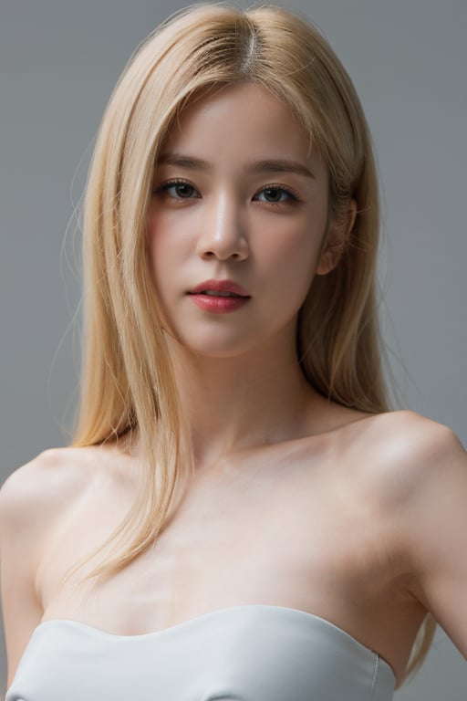 masterpiece, best quality, ultra-detailed, ultra high res, (photorealistic:1.4), raw photo, (realistic:0.2), 8k HDR, realistic cool temperature lighting, (asian:0.2), 1girl, solo, asymmetrical platinum blonde hair, outdoor, day, (simple gray background:1.2), bokeh, (detailed lips), (detailed pores), (detailed skin textures), (detailed face:1.2), pale white skin, (full body:1.2), a woman in a strapless tube dress, promotional image, a character portrait,