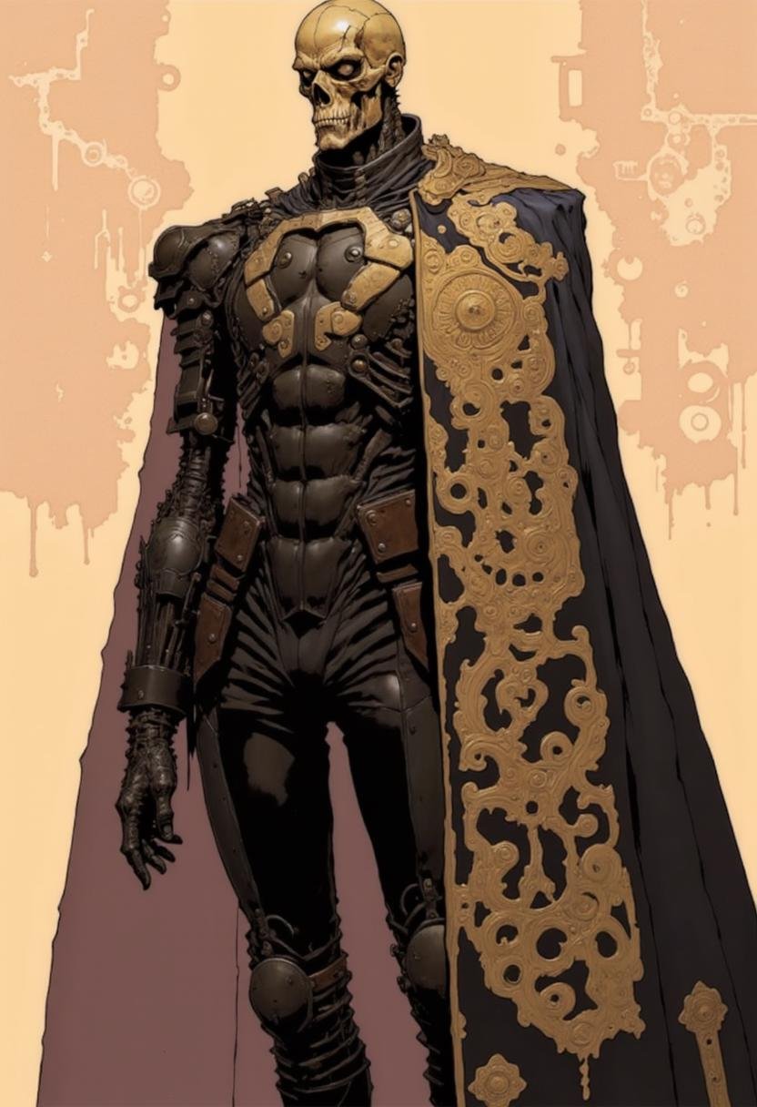 This image is a highly detailed digital illustration in a semi-realistic, high-fantasy style. The subject is a skeletal humanoid figure with a robotic exoskeleton, standing in a commanding pose. The exoskeleton is predominantly black with intricate, gold-colored mechanical details and patterns, giving it a futuristic yet ornate appearance. The figure's head is that of a skull, devoid of flesh, with hollow eye sockets and a skeletal structure visible. The exoskeleton extends down the figure's arms, legs, and torso, with visible joints and mechanical parts.The figure is adorned in a long, flowing cape that drapes down to the ground, featuring elaborate gold patterns and designs. The cape is dark in color, possibly black or navy blue, with the gold accents adding a regal and imposing quality. The figure is dressed in a high-collared, form-fitting suit that matches the exoskeleton's color, with gold accents and detailing that mirror the cape's design.The background is a muted, beige color with faint, abstract mechanical shapes and lines, suggesting an industrial or technological setting. The overall composition and color palette create a striking contrast between the dark, mechanical figure and the light, ethereal background.Art by Jesper Ejsing, Matt Fraction, Sergio Toppi, Dorohedoro. Mangaka style. <lora:Mangaka_3012:1.0>