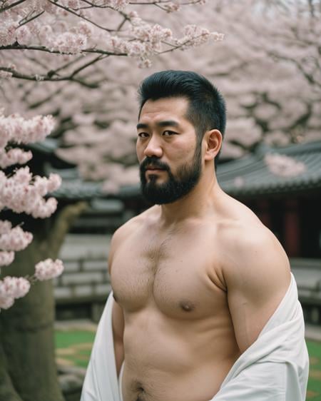 Cinematic 50mm prime lens Portrait, Japanese ceremony, A japanese male,bara,  buzz cut, black hair, [extremely hairy], 250lbs buffburlystrongman, looking at camera, Nude, (flaccid), Professional photo, Homoerotic,, ( penis selective focus), Narrow depth of field, (Blurry background of a japanese celebration for the beauty for the male form), [[cherry blossom season]], on temple grounds. Cinestill 800T, Canon EOS R6, Nokton 70mm f1.1