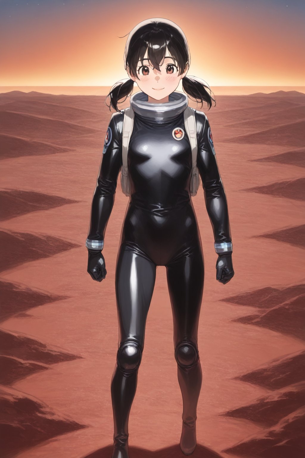 score_9, score_8_up, score_7_up, score_6_up, score_5_up, score_4_up, source_anime,minamoto shizuka, black hair, twintails, cowboy shot, 1girl, solo, smile, Girl in a spacesuit stepping onto the surface of Mars, Earth visible in the distance, vast red landscape, futuristic colony in the background, sense of wonder and exploration, epic sci-fi scene, hyper-realistic detail,masterpiece, perfect face, best quality, beautiful girl, cute girl, beautiful eyes, shiny eyes, anime coloring, anime screencap, absurdres,<lora:minamoto shizuka illust 1002:0.8>