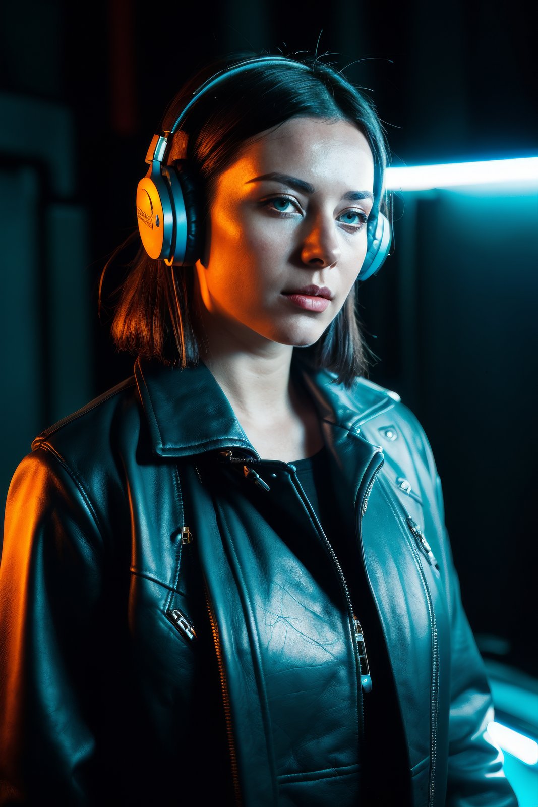 a woman wearing headphones and a leather jacket in a dark room with a blue light behind her head, Anka Zhuravleva, cyberpunk style, cyberpunk art, retrofuturism,