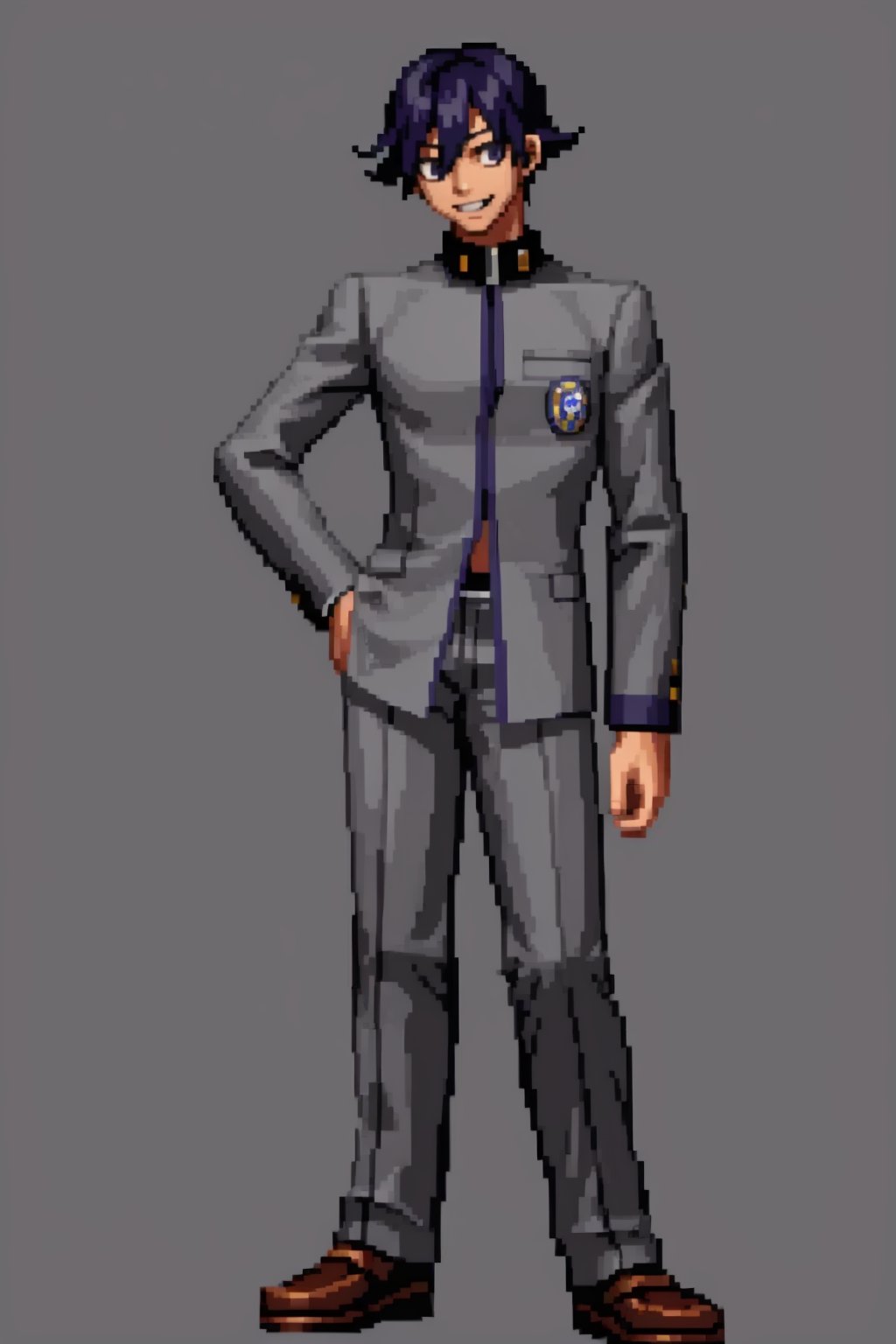 masterpiece, best quality, solo, smile, 1boy, smile, looking at viewer,  <lora:SNK-Kof_sprites_Fp:0.8>, simple background, full body,   <lora:NaoyaV3:1> Naoya, school uniform, grey pants, 