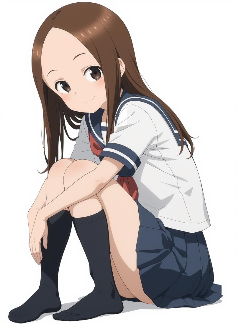 anime screencap, score_9, score_8_up, score_7_up, source_anime BREAK best quality, ((masterpiece)), highly detailed, ultra-detailed, (illustration), (beautiful detailed eyes) BREAK takagi-san, 1girl, solo, long hair, simple background, white background:1.3 BREAK full body, sitting, hugging own knees, school uniform, white serafuku, blue sailor collar, red neckerchief, short sleeves, blue pleated skirt, black kneehighs, no shoes, looking at viewer, closed mouth, smile <lora:takagi-san_v1.0:0.9>