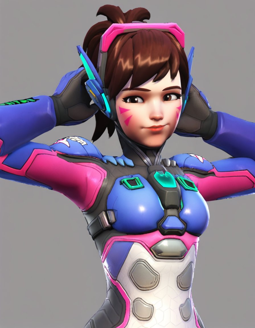 1girl (1.00), d.va (overwatch) (0.99), solo (0.99), brown hair (0.98), facial mark (0.97), whisker markings (0.97), bodysuit (0.96), headphones (0.95), pilot suit (0.95), swept bangs (0.94), grey background (0.91), gloves (0.90), animal print (0.88), breasts (0.88), short hair (0.88), alternate hairstyle (0.83), blue bodysuit (0.81), rabbit print (0.80), high collar (0.79), upper body (0.77), D.Va, <lora:D.Va:0.7>