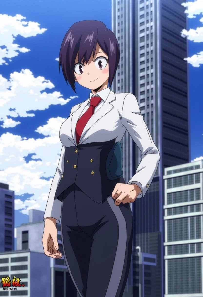 A confident young woman in a futuristic business suit standing in front of a towering skyscraper, holding a tablet. She has short, sleek hair, and the city behind her is alive with modern architecture and technology. boku_no_hero_academia_style