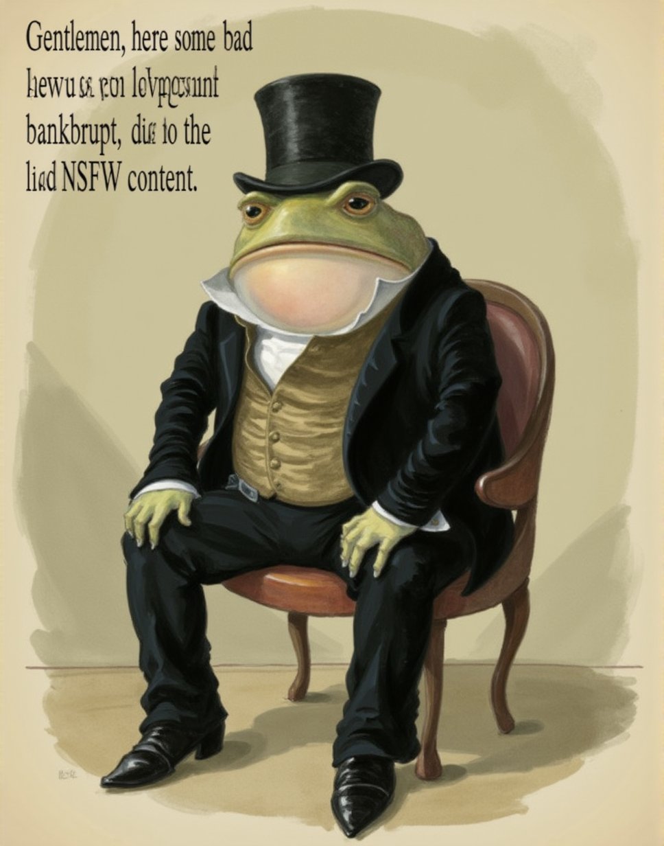 The image is a digital drawing in a classic, humorous style, reminiscent of 19th-century satirical prints. It depicts a large, anthropomorphic frog dressed in a black suit with a white shirt and a brown waistcoat, seated on a wooden chair. The frog has a human-like face with a wide mouth and large, expressive eyes, and it is wearing a top hat. The suit is formal and tailored, with a high collar and a buttoned waistcoat, suggesting a sense of formality and seriousness.The background is a plain, muted beige, with a subtle gradient that fades into the bottom of the image. The frog's posture is upright and composed, with its hands resting on its lap. The frog's legs are visible, clad in black pants that match the suit, and its feet are positioned on the floor.Above the frog, there is a text overlay in white, bold font that reads, "Gentlemen, here's some bad news: I'm on the verge of going bankrupt due to the lack of NSFW content." This text humorously contrasts with the formal attire and composed demeanor of the frog, suggesting a humorous commentary on the lack of adult content in the context of the frog's financial struggles.， <lora:Gentleman_Frog_Flux_V1-000001:1>