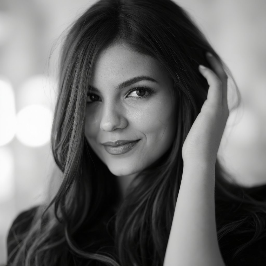A monochromatic portrait of victoria_justice,  captured in a close-up shot. She has long,  flowing hair that reaches her f...
