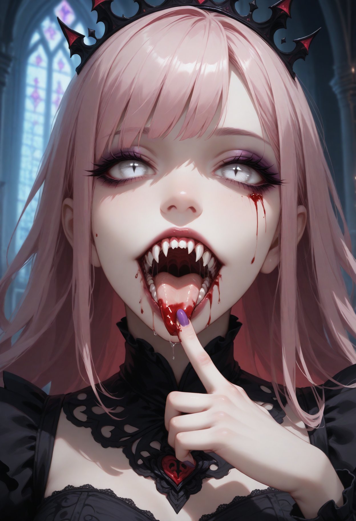 score_9,score_8_up,score_7_up,vampire girl,gothic dress,majestic castle,very fine pattern,girl with pink hair,white eyes,purple eyelashes,blood on the corners of the mouth,sharp_teeth,saliva,put 1 finger on your tongue,