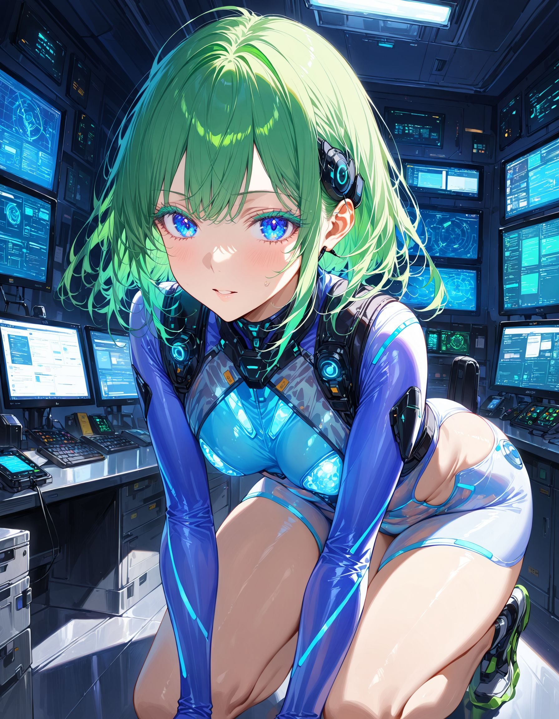 1girl, communication headset, green hair, medium-length hair, luminous hair, blue eyes, colored eyelashes, luminous eyes, high tech bodysuit, see-through vest, crouching, operations room, character focus,, masterpiece, ultra-detailed, best quality ,intricate details,