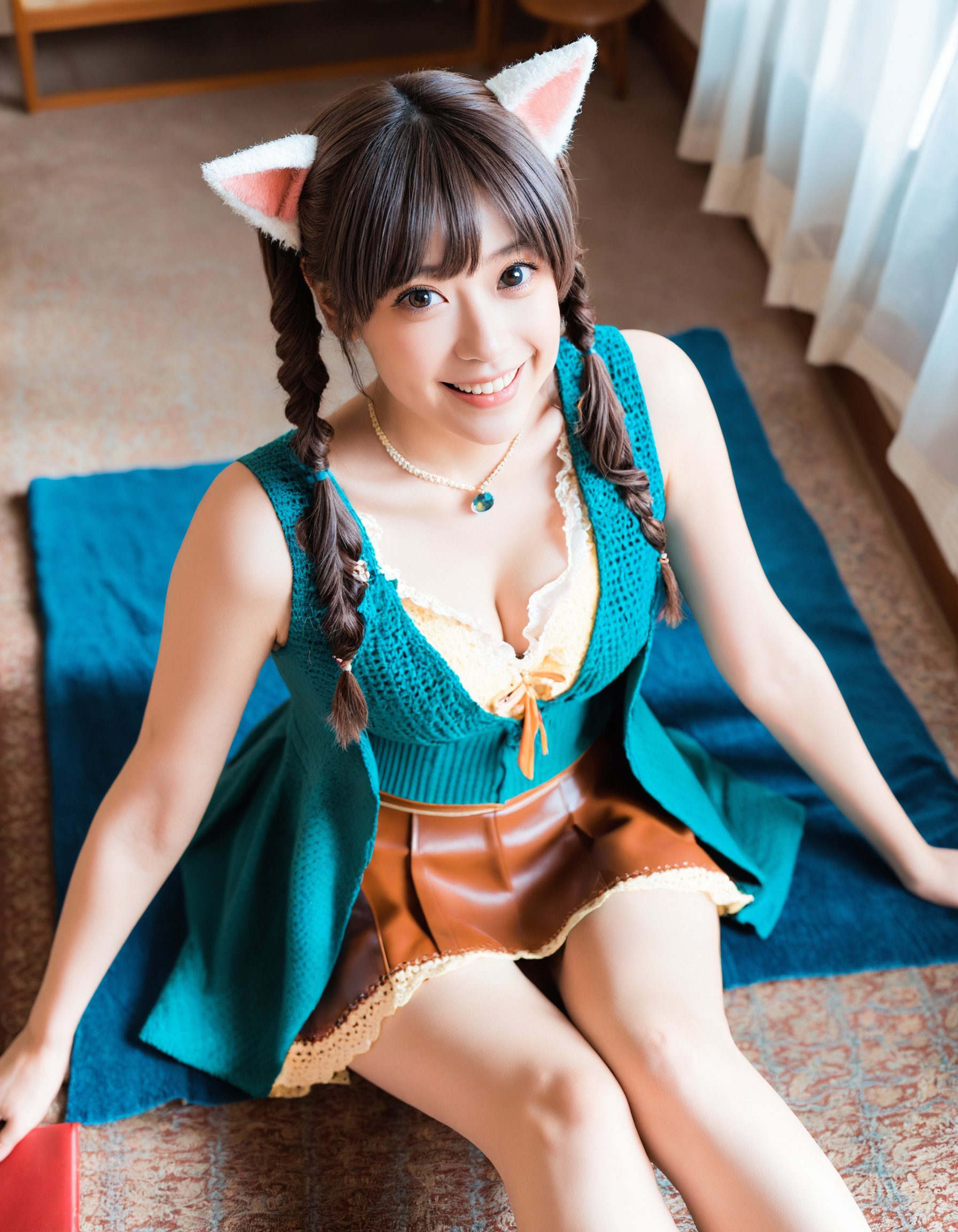 Photo of a Attractive woman with a charming cosplay is dressed in a stylish [[amber|blue:0.3] cropped_shirt and [amber|blue:0.7] lace_skirt|[pink|amber:0.3] crochet dress|silver leprechaun costume|[aqua|yellow:0.3] jacket dress]. She has Exquisite delicate crystal clear skin and small with deep cleavage. She has a stunningly symmetrical and strikingly beautiful teasing_smile face with a nose blush, large captivating eyes, She completes her outfit with [coral|hazel:0.3] socks and [gray|brown:0.3] leather shoes. Her absurdly long hair vibrant indigo hair is pulled up into a sleek straight. The scene is set at an indoors, haunted library. The woman is pussy focus,lying,spread legs,crossed_legs,hugging_own_legs and finds a couch to pose,  showcasing her full figure. The atmosphere is serene, with the warm sunlight casting soft shadows and enhancing the overall balance between youthfulness and cultural heritage in the composition.