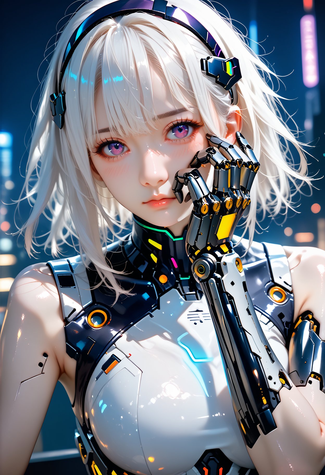 1girl,solo,looking at viewer,medium hair,bangs,hairband,purple eyes,hair ornament,hair between eyes,white hair,fluffy hair,large_breasts,blush shy,shiny_skin,very detailed clothes,very realistic textures,very detailed textures,longeyelashes,brown eye shadow,night,dim light,cyberpunk,mechanical arm,sci-fi style clothes,hair_tucking,metal material,realistic metallic texture,hands,raise your hand,