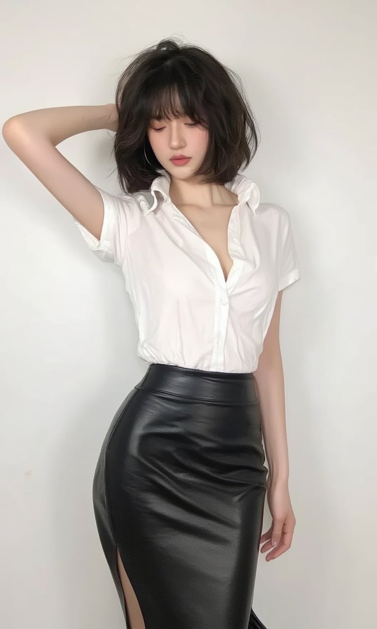 This is a high-definition photo that belongs to the category of portrait photography, with a style leaning towards fashion. The subject of the photo is a woman wearing a white short-sleeved shirt and a black leather skirt, with a slim figure and delicate features. Her hair is black, slightly curly, reaching just below her shoulders. She is looking towards the lower right corner of her vision, with a calm expression. She appears to be between the ages of 20 and 30, and she is female. Her body curves are graceful, and her skin is fair. Her attire is simple and elegant, showcasing a sense of fashion. Her hair falls naturally over her shoulders, without bangs. The background is a plain white wall, giving the entire image a clean and bright feel. <lora:墨幽-Flux-Lora-网图:0.9>