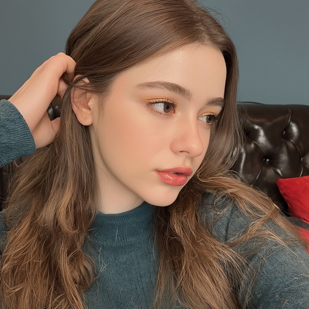 A close-up portrait of dasha_taran with long, wavy brown hair. She wears a teal turtleneck sweater and has a contemplative expression. Her left hand rests on her head, and her gaze is directed slightly to the side. The background is a muted blue, and a black leather couch with a red cushion is visible. The image style is contemporary, emphasizing the subject's natural beauty and the interplay of light and shadow.