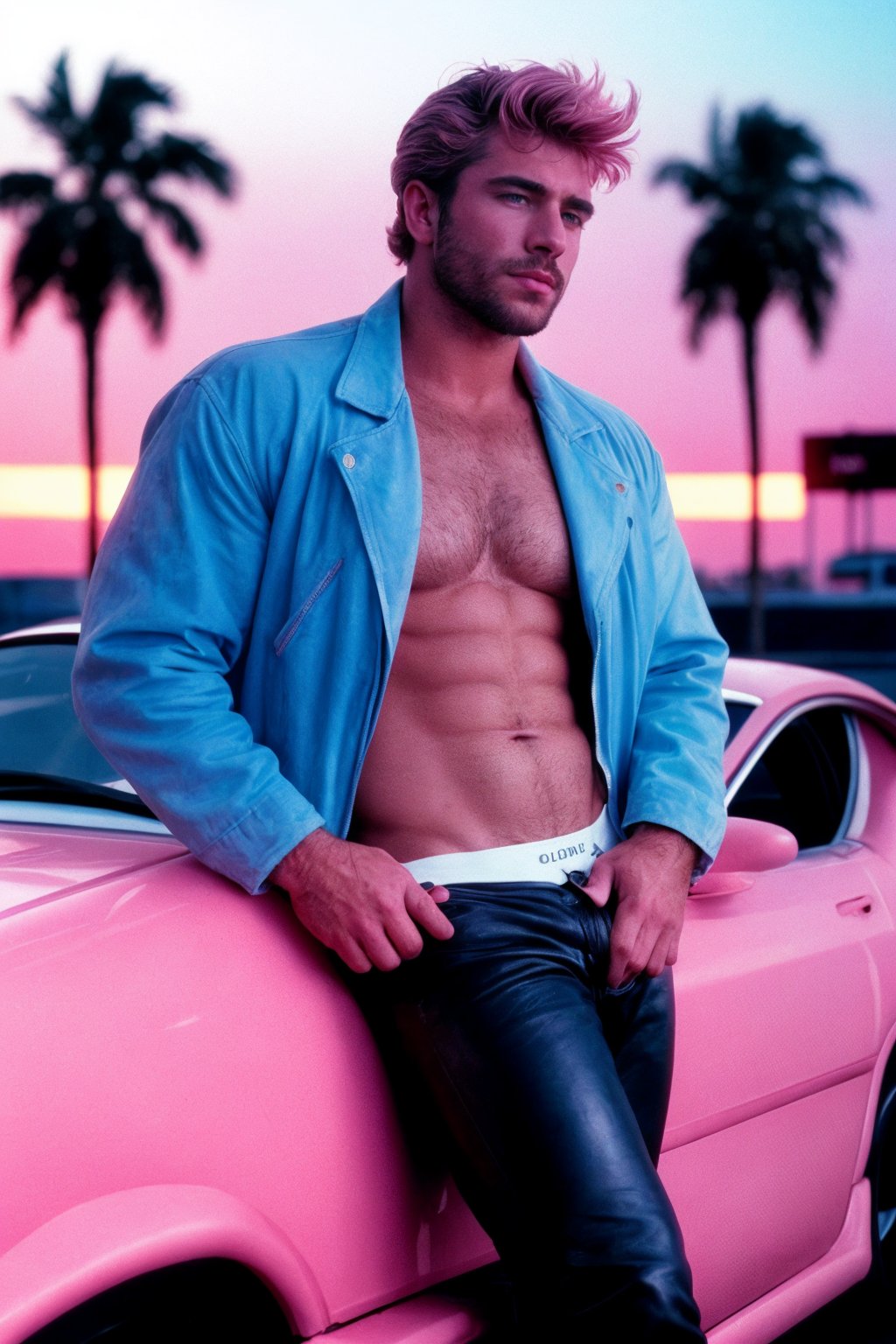 realistic, highly detailed, intricate details, detailed background, depth of field, photo of a rugged man wearing jacket leaning on a car, leather pants, real 1990s black car, miami vice city background, (vaporwave style), (pink lights, blue hue), fog, sunset, palm trees, infinite highway, vaporware sun, muscular