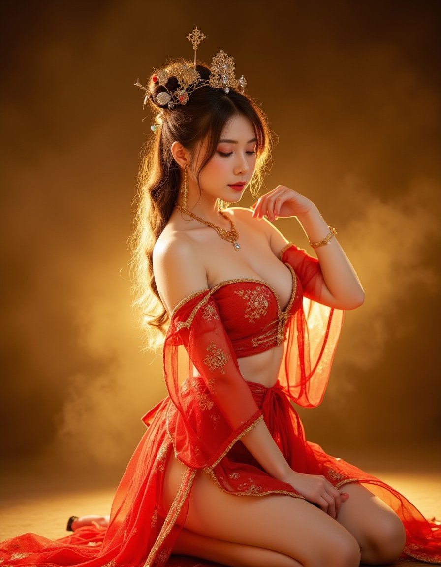 (18 year old hanfu sexy japese girl:1.2),cure beauty,(kneeling with open legs:1.2),low light,golden moment,