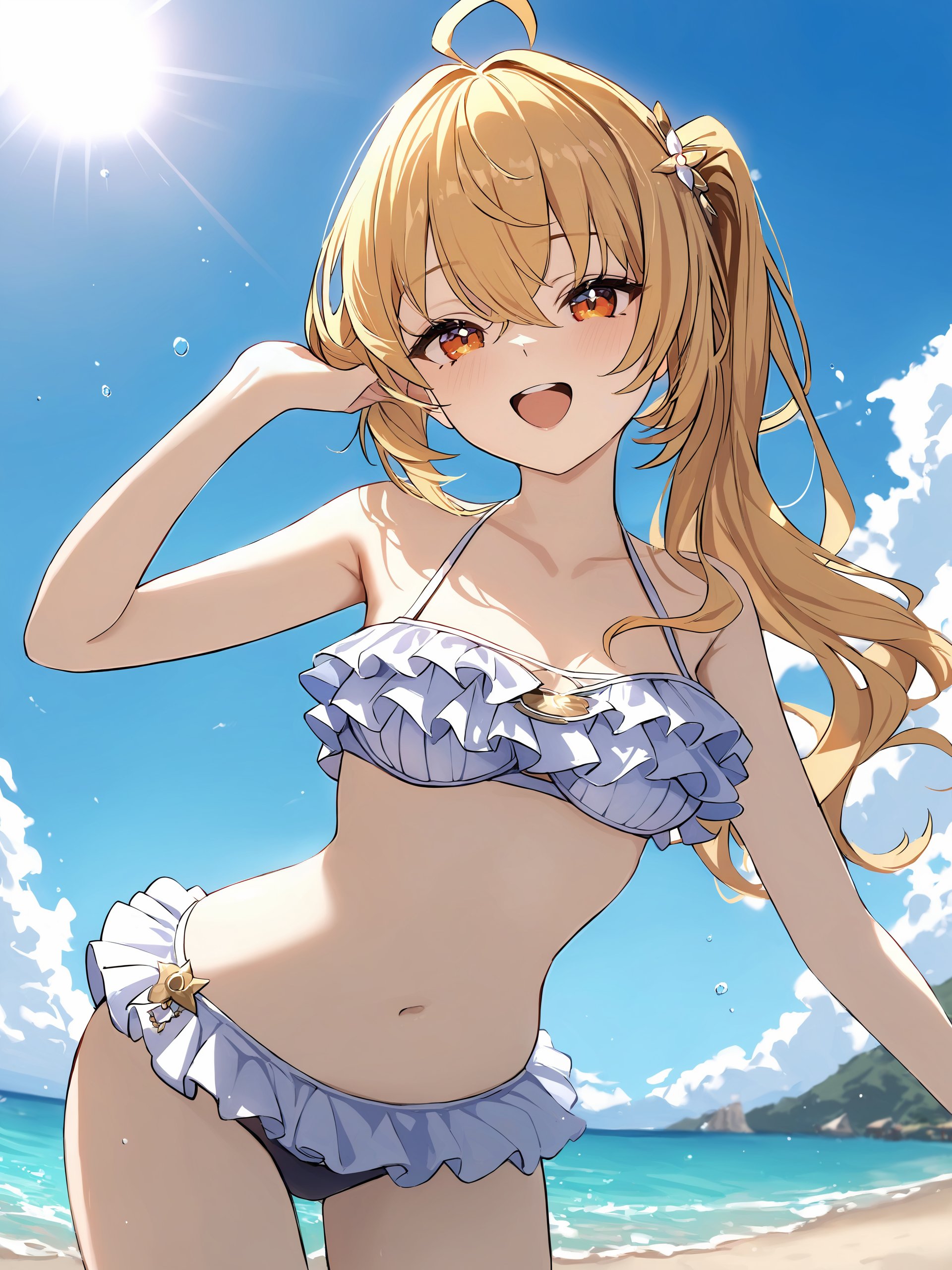 1girl, luciana de montefio, hairpin, frilled bikini, cowboy shot, looking at viewer, beach, ocean, sunlight, blue sky, depth of field, laughing <lora:Char-ZZZ-Lucy-XL-V1:0.9>, illustration, incredibly absurdres, ultra detailed, masterpiece, best quality, petite, [<lora:detailed_notrigger:0.95>::0.5]