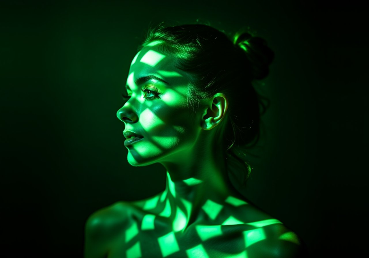 "A green explosion of squares, geometric patterns and sharp lines that form the portrait of a woman, visually striking and dynamic, dark background, sharp focus, crisp quality, HD, DOF, 4k, intricate detail, dynamic composition, beautiful lighting"