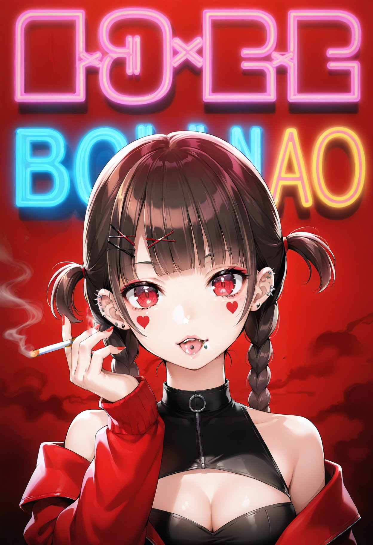 1girl, solo, tongue out, tongue, cigarette, holding, red eyes, tongue piercing, looking at viewer, hair ornament, holding cigarette, braid, twin braids, neon lights, bare shoulders, long hair, cleavage cutout, jacket, piercing, red jacket, blunt bangs, clothing cutout, black hair, red nails, x hair ornament, upper body, breasts, off shoulder, nail polish, fingernails, cleavage, twintails, brown hair, hand up, facial mark, ear piercing, straight-on, red theme, red background, hairclip, smoke, long sleeves