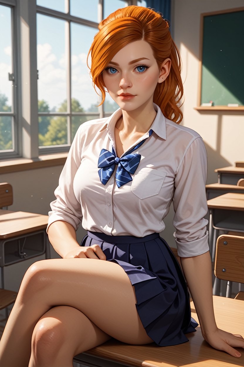 score_9, score_8_up, score_7_up,<lora:SpiderMaryJ:0.8>SpiderMaryJ, 1girl, orange hair, blue eyes, looking at viewer, school uniform, classroom, sitting, crossed legs, on desk