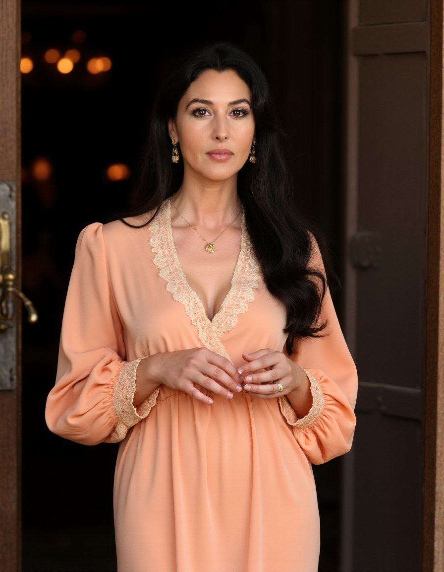 This is a photograph of a woman standing in front of a door. She has a fair complexion and long, dark, wavy hair that cascades past her shoulders. Her facial features are delicate, with a slight smile and light makeup accentuating her natural beauty. She is wearing a vintage-style, peach-colored dress with a V-neck and long, puffy sleeves adorned with intricate lace detailing around the cuffs and neckline. The dress appears to be made of a soft, flowing fabric, adding to its vintage charm. She accessorizes with small, gold hoop earrings and a delicate gold necklace with a small pendant, which rests just above her cleavage. Her hands are gently folded in front of her, with her fingers lightly touching each other. The background reveals a part of a wooden door, painted in a dark color, with a brass handle. The door opens to a dimly lit interior with soft, muted colors, suggesting an old-fashioned, possibly historical setting. The overall atmosphere of the photograph is warm and inviting, with a sense of nostalgia and elegance.,Monica Bellucci, <lora:Monica_Bellucci_Flux_V1:1>