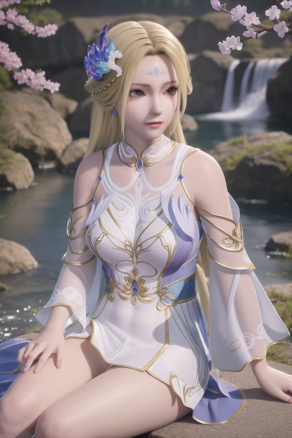 sitting,looking at viewer,waterfall,(cherry blossoms),(milfeulle sakuraba),sky,cloud,day,blue sky,petals,water,stone,loudy sky,1girl, blonde hair, hair ornament, dress, long hair, solo, white dress, hair flower, detached sleeves, flower, braid, bare shouldersnail polish,photo_\(medium\),(8k, RAW photo, best quality, masterpiece:1.2),(realistic, photorealistic:1.3),ultra-detailed,extremely detailed cg 8k wallpaper,(crystalstexture skin:1.2),extremely delicate and beautiful,<lora:幻梦2号_雪言新装扮_1.0:0.8>,