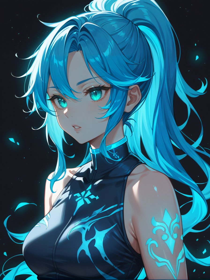 score_9, score_8_up, score_7_up,source_anime, cowboy shot,  solo, two-tone hair, darkslateblue hair, deepskyblue hair, Ponytail, turquoise eyes, cyan glowing tiger tattoo, (luminous) , Slightly parted lips, (black background), glow, neon,monochrome