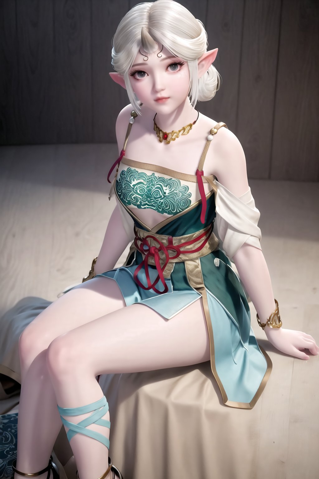 (8k, RAW photo, best quality, masterpiece:1.2),(realistic, photorealistic:1.3), ultra-detailed, extremely detailed cg 8k wallpaper,(crystalstexture skin:1.2), extremely delicate and beautiful, pointy_ears, 1girl, elf, solo, thigh_strap, jewelry, necklace, bare_shoulders, simple_background,(full shot), (breasts, medium breasts,  cleavage), looking_at_viewer, sitting, full body, 