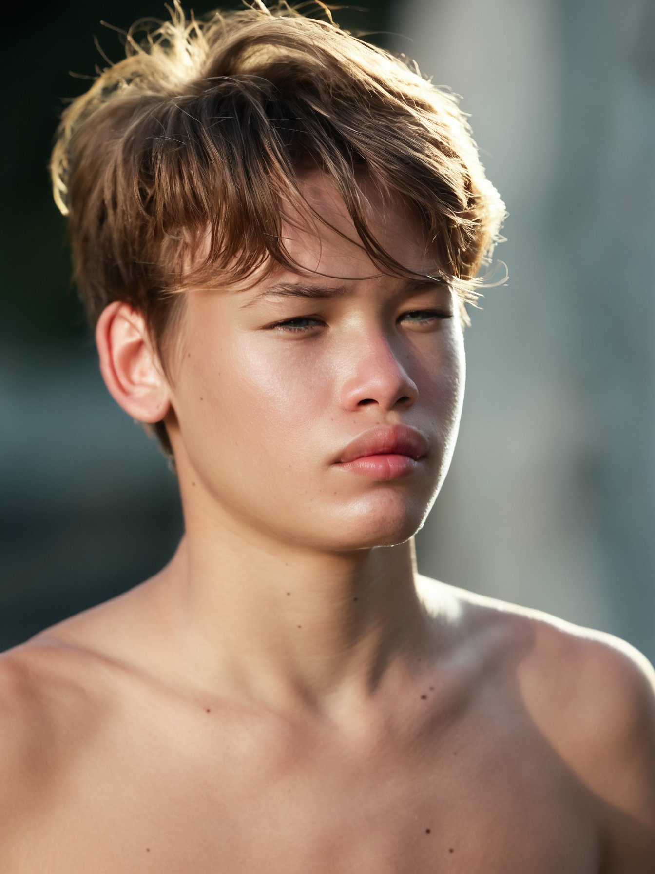 score_9, score_8_up, score_7_up, solo, photo, <lora:NG(n4tang0ldmann)SDXL:1> (n4tang0ldmann), teen boy, model, full thick lips, realistic, solo, male focus, 1boy, brown hair, blurry background, mole, blurry, short hair, closed mouth, portrait, lips, closed eyes, nude, upper body, freckles, realistic, hyper detailed photorealistic life-like accurate proportional 8k sharp focus, accurate cinematic lighting, photorealistic detail