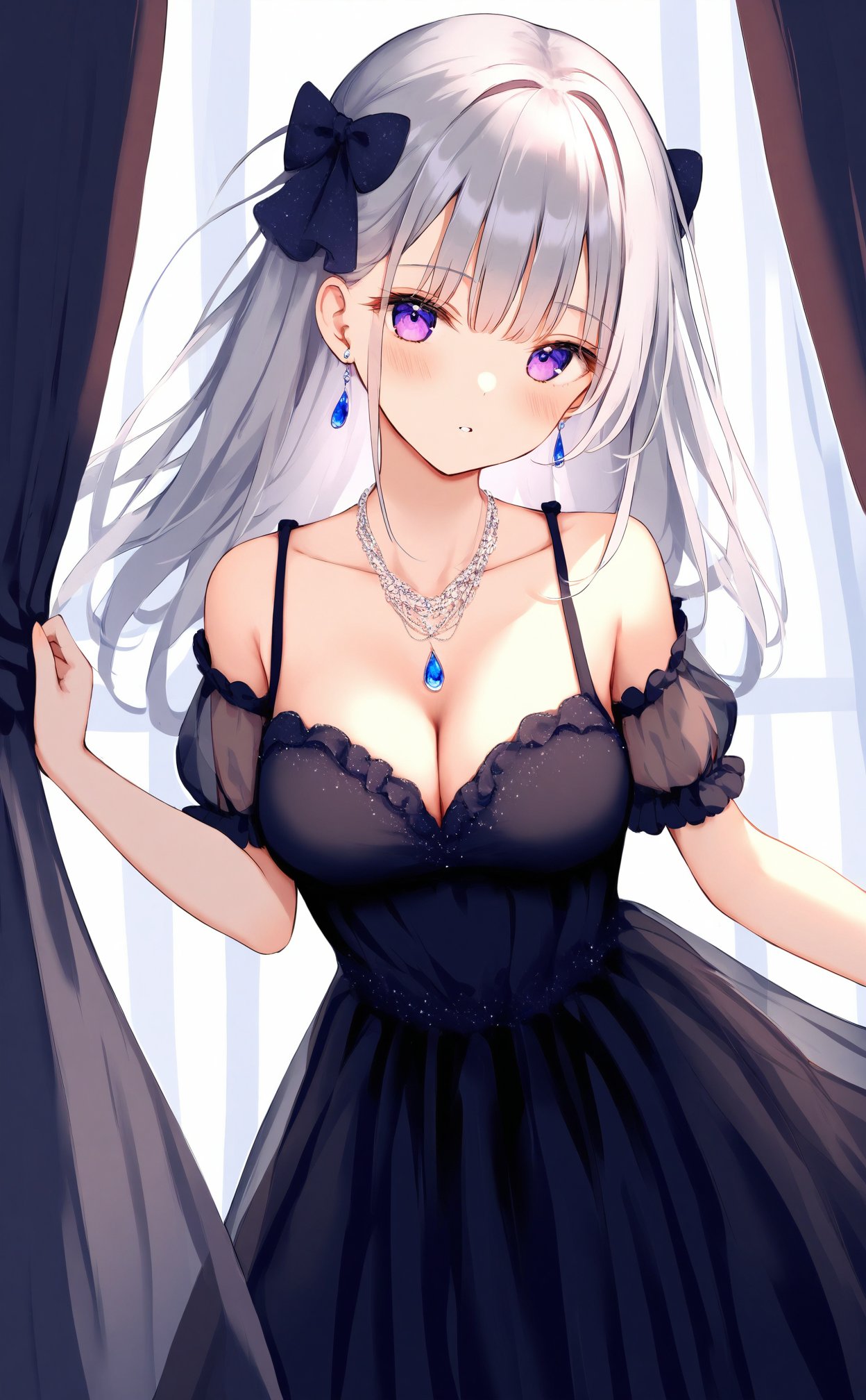 masterpiece,best quality,high quality,(colorful),artist Alens,nai3 Style,Artist:matchanear,Artist:CyanAutumn,Artist  wlop,loli,1girl,solo,dress,curtains,long hair,purple eyes,jewelry,grey hair,necklace,short sleeves,black dress,curtain grab,breasts,detached sleeves,collarbone,puffy sleeves,bare shoulders,looking at viewer,puffy short sleeves,hair bow,bow,cleavage,sleeveless,medium breasts,sleeveless dress,see-through,frilled dress,parted lips,earrings,