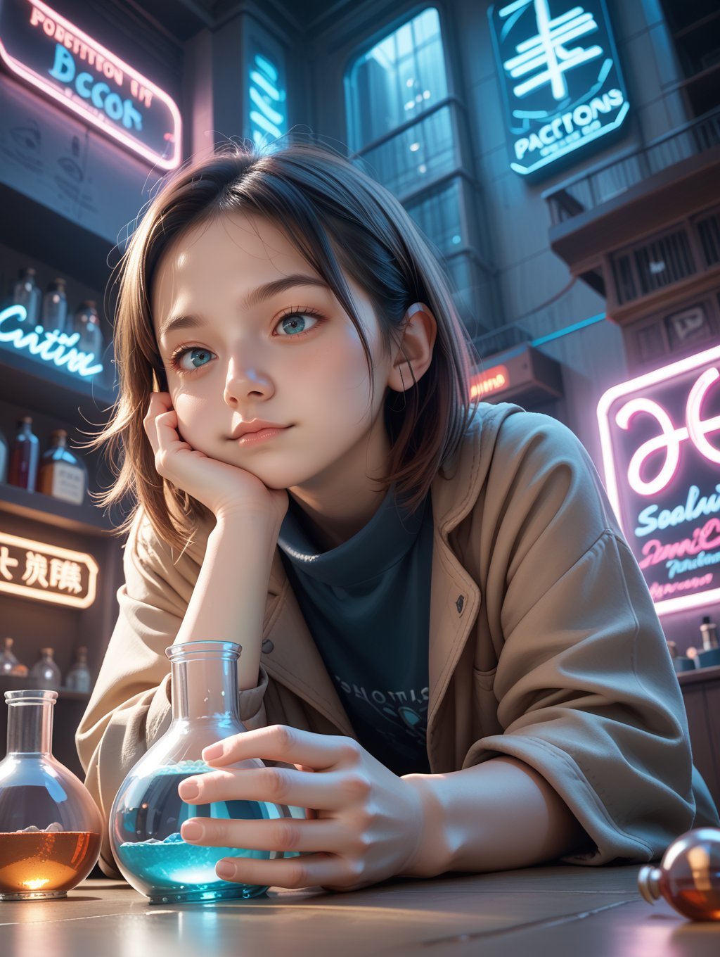 score_9, score_8_up, score_7_up, 1girl, round flask, magic, potions, scrolls, low-angle view, head rest, low light, sci-fi city, futuristic buildings, neon lights, 