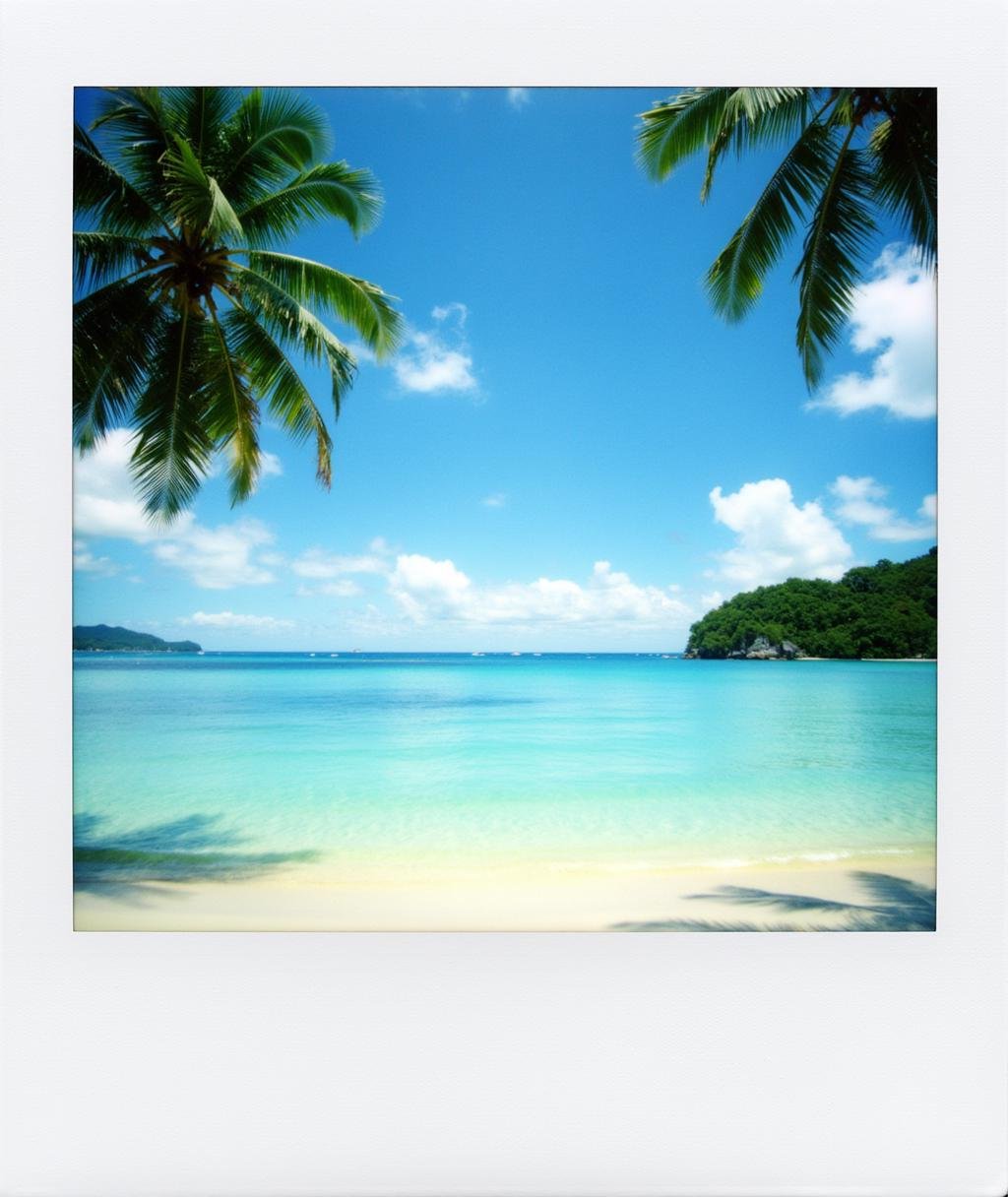 Polaroid frame of Sunny beach super beautiful Tahiti, blog cover image, HD <lora:Polaroid_Flux:1.0><lora:ComfyUI_30842_:0>